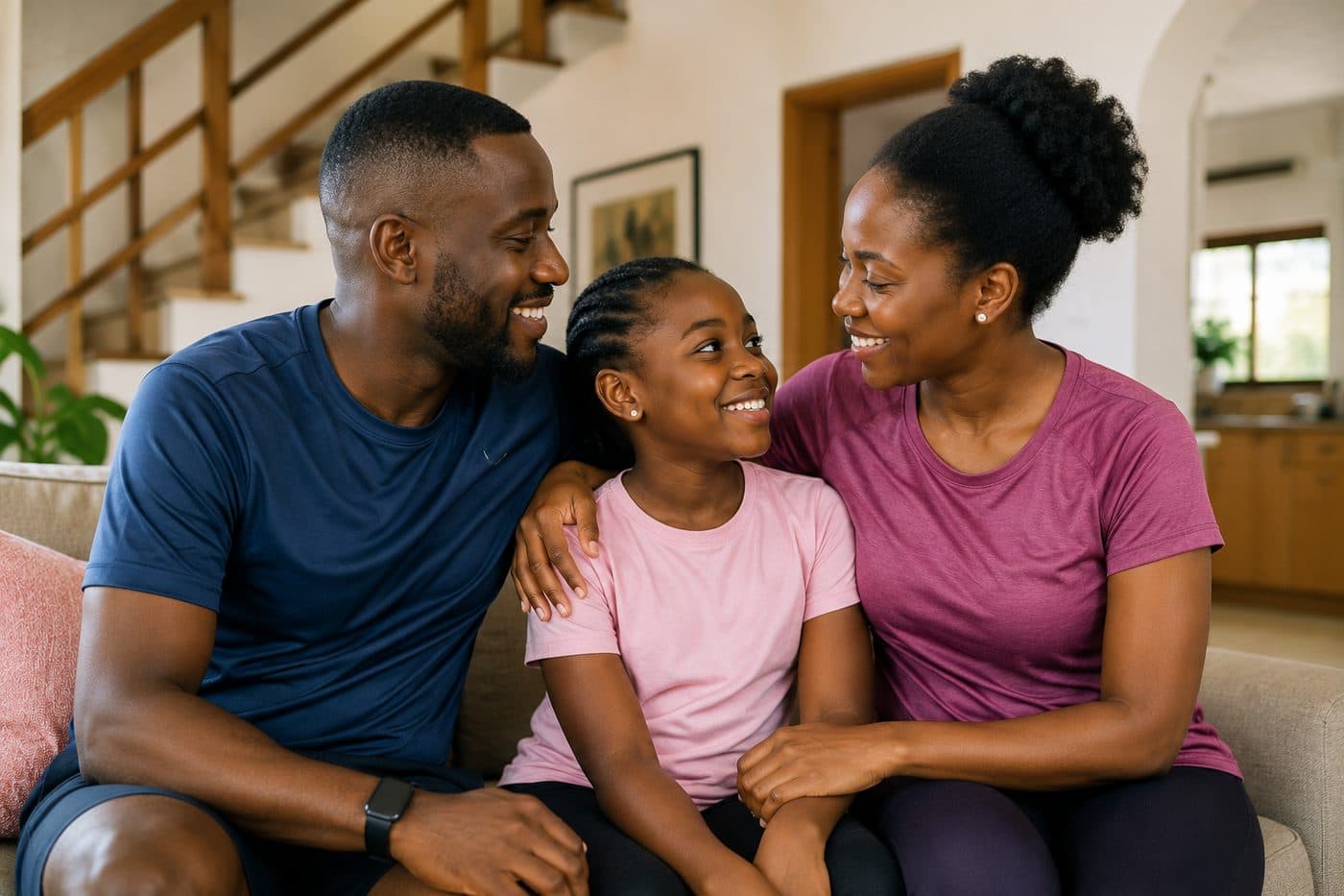 A father, mother and daughter sharing a warm moment at home