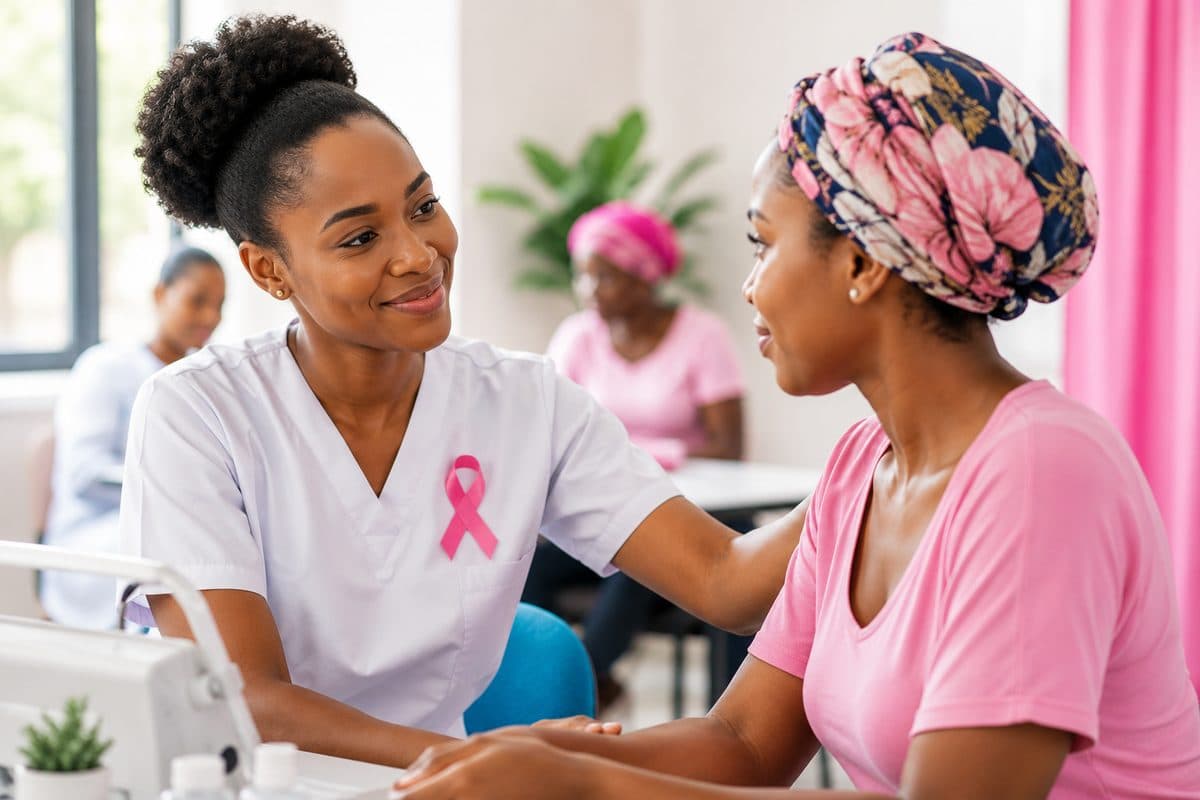 A health worker speaking with a woman at a MIAA screening